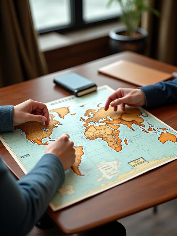 Luxury travel consultant reviewing an intricate map with a client